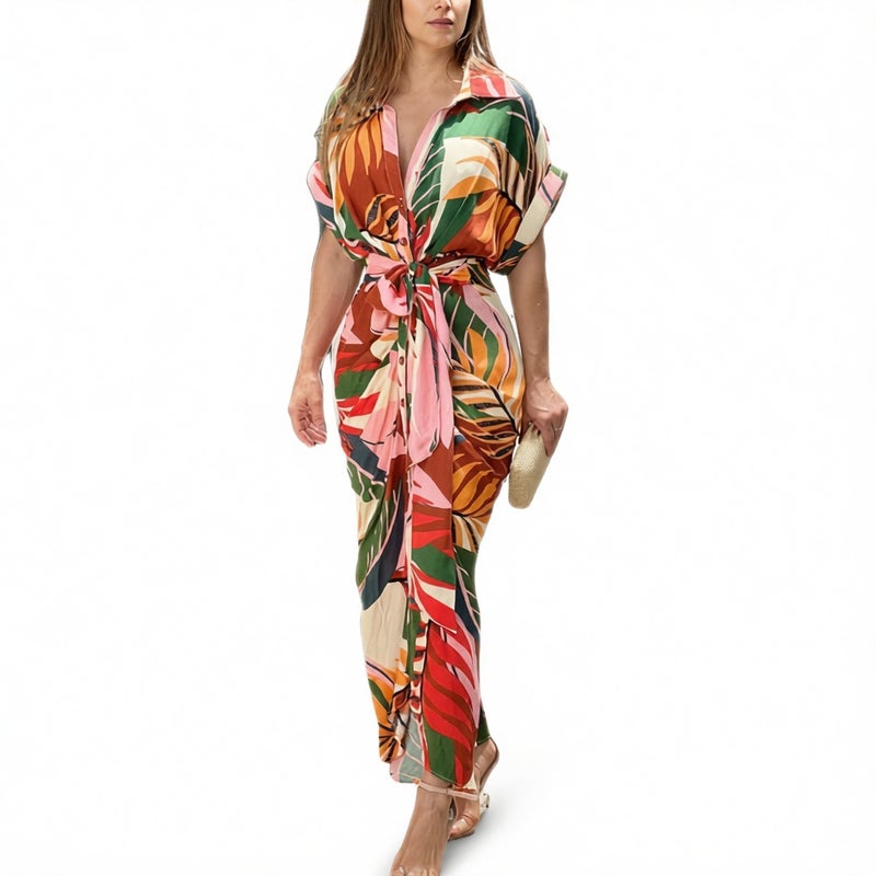 Women's High Waist Short Sleeve Print Turn-Down Collar Single-Breasted Tie Front Midi Dress - Image 2