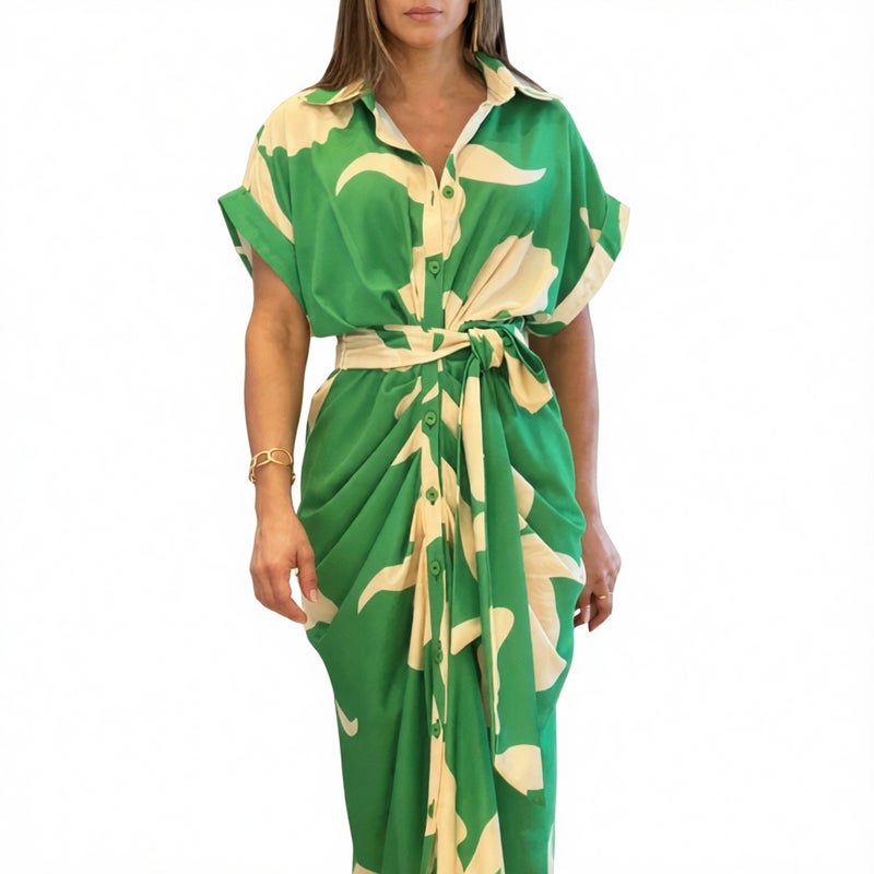 Women's High Waist Short Sleeve Print Turn-Down Collar Single-Breasted Tie Front Midi Dress - Image 1