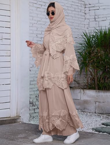 IWEMEK Abaya Women Muslim Dress with Hijab Dubai Islamic Style Robe Islamic Open Front Abaya Long Sleeve Flow Maxi Cardigan Dress Abaya Arabic Hijab Muslim Long Dress Turkish Dress Abayas for Women Khaki XL - Image 4