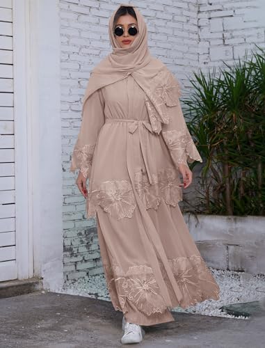 IWEMEK Abaya Women Muslim Dress with Hijab Dubai Islamic Style Robe Islamic Open Front Abaya Long Sleeve Flow Maxi Cardigan Dress Abaya Arabic Hijab Muslim Long Dress Turkish Dress Abayas for Women Khaki XL - Image 2