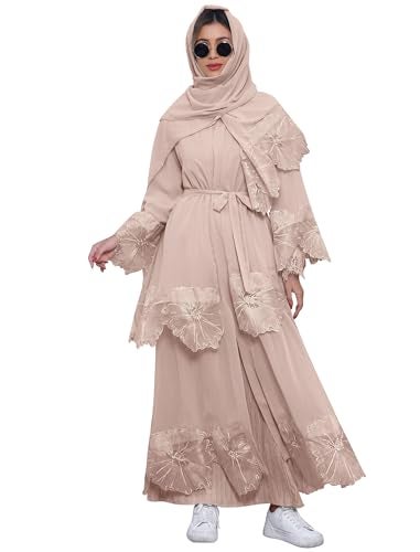 IWEMEK Abaya Women Muslim Dress with Hijab Dubai Islamic Style Robe Islamic Open Front Abaya Long Sleeve Flow Maxi Cardigan Dress Abaya Arabic Hijab Muslim Long Dress Turkish Dress Abayas for Women Khaki XL - Image 1