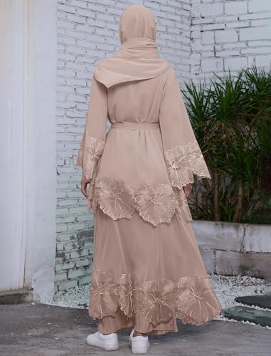IWEMEK Abaya Women Muslim Dress with Hijab Dubai Islamic Style Robe Islamic Open Front Abaya Long Sleeve Flow Maxi Cardigan Dress Abaya Arabic Hijab Muslim Long Dress Turkish Dress Abayas for Women Khaki XL - Image 5