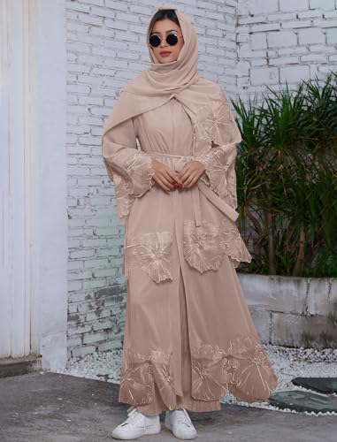 IWEMEK Abaya Women Muslim Dress with Hijab Dubai Islamic Style Robe Islamic Open Front Abaya Long Sleeve Flow Maxi Cardigan Dress Abaya Arabic Hijab Muslim Long Dress Turkish Dress Abayas for Women Khaki XL - Image 3