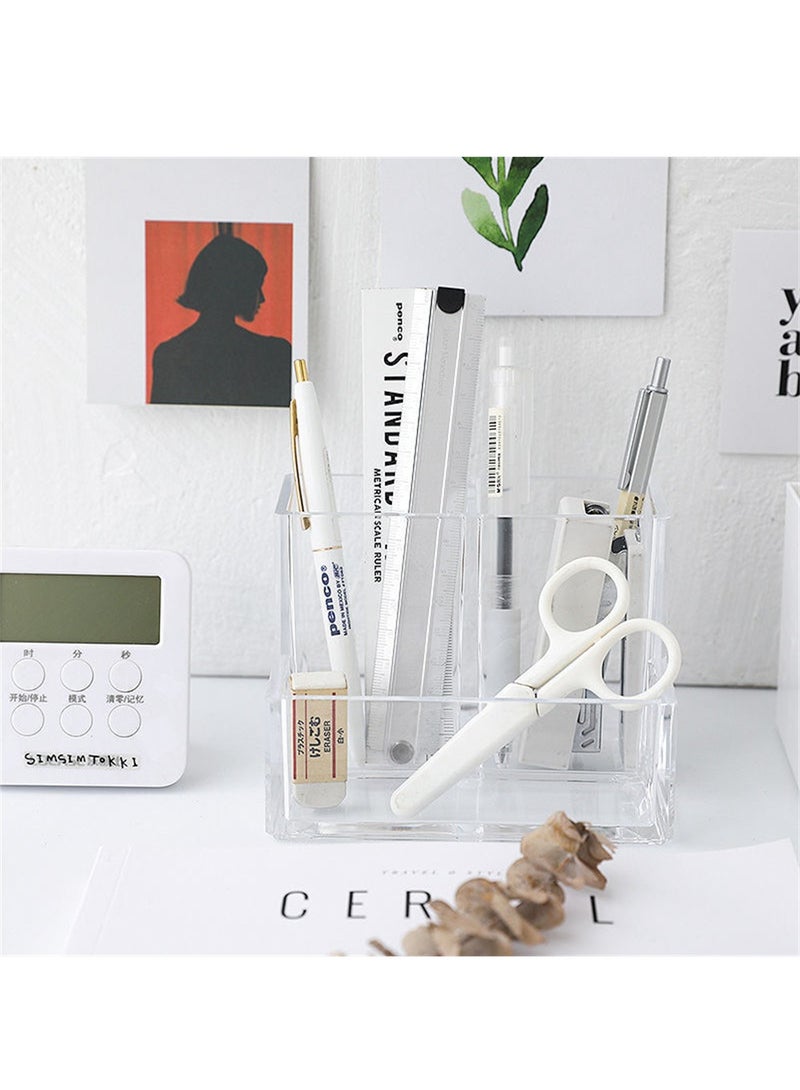 Excefore Pen Holder for Desk 2 Pack Clear Acrylic Makeup Brush Holder Desk Accessories Pencil Cup with Sticky Notes Holder and 3 Compartments Pencil Organizer for Pen Art Supply Makeup Brush - Image 2