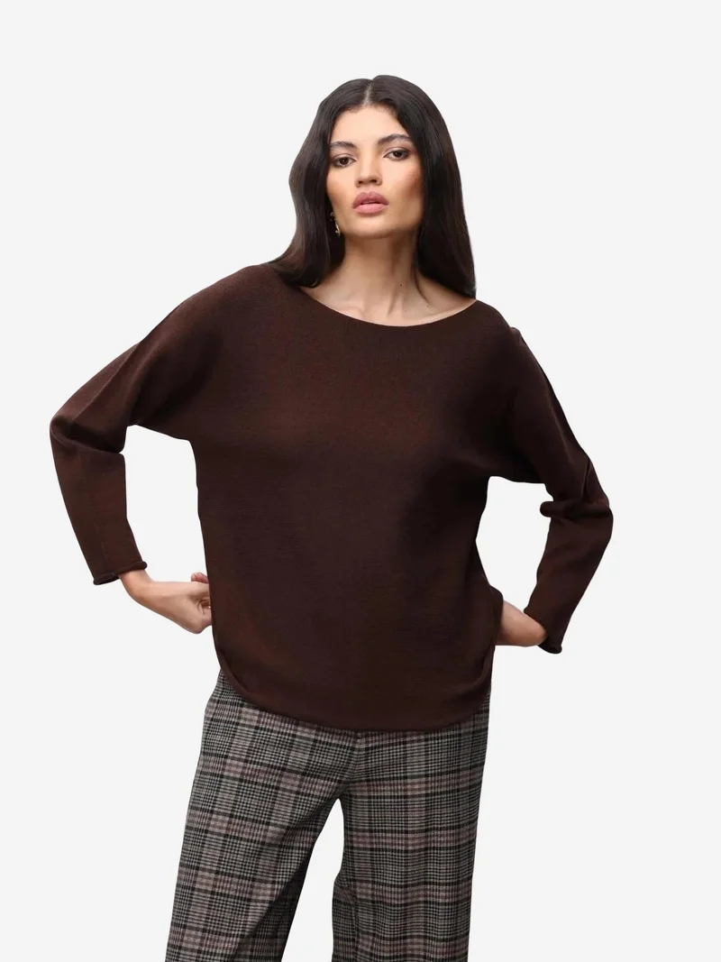 Mixray Coffee Brown MIXRAY Boat Neck Ribbed Knit Sweater for Women | Best Price UAE