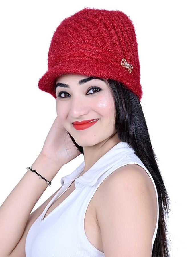 قبعة بيريه نسائية مخططة من Dressify® بتصميم لسان البط، مناسبة للإطلالات الكاجوال، متعددة الاستخدامات، ذات حافة قصيرة، لون عنابي. - Image 3