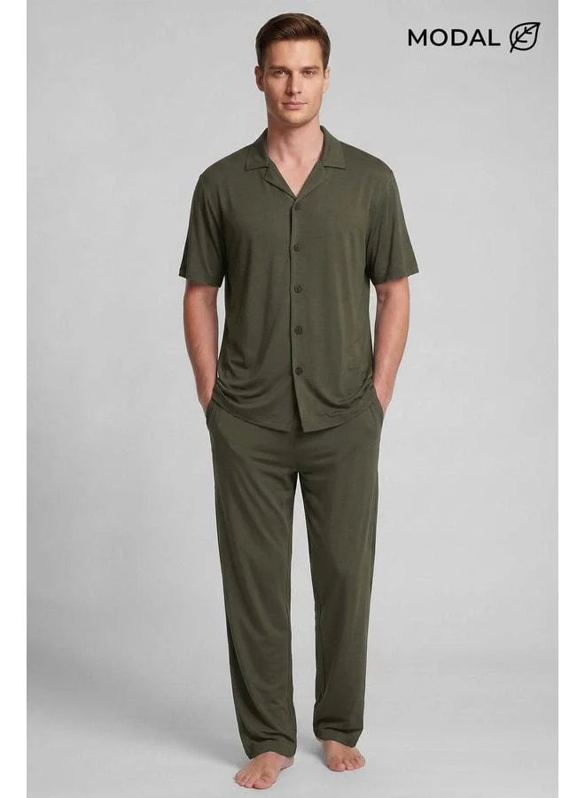 Aytuğ Egyptian Men's Modal Blend Buttoned Pajama Set Khaki.