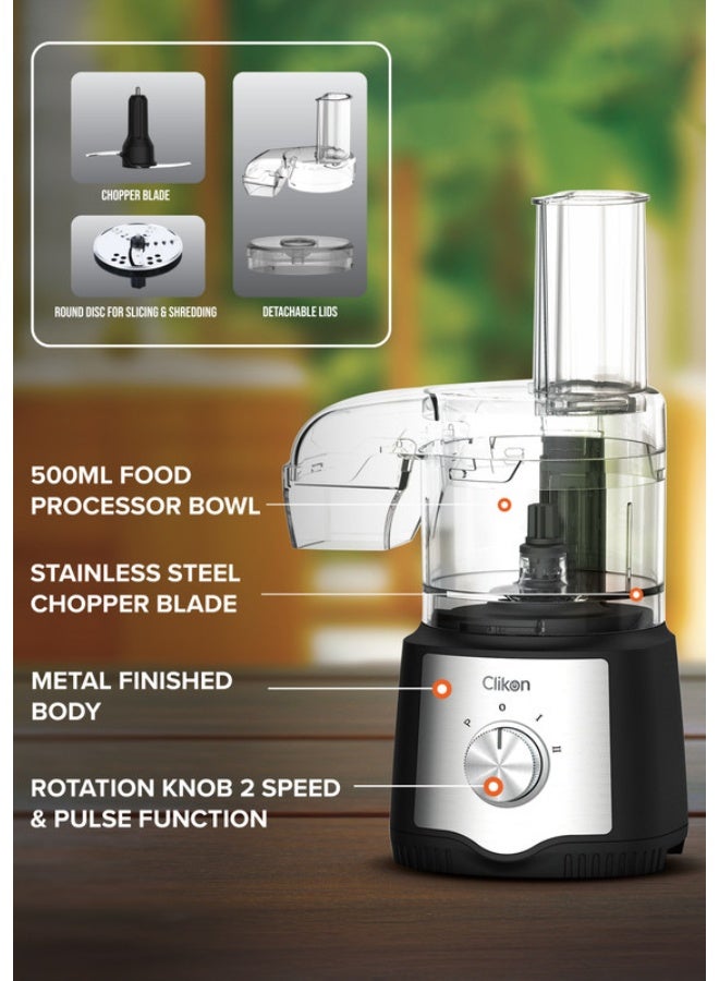 Clikon Multifunctional Food Processor 400W | 3L Bowl, Duo Feed Tube, 2-Speed + Pulse | Chopper, Grinder, Ice Crusher & Shredder 0.5 L 400 W CK1202 Black and Silver 0.5 L 400 W CK1202 Black and Silver - Image 5