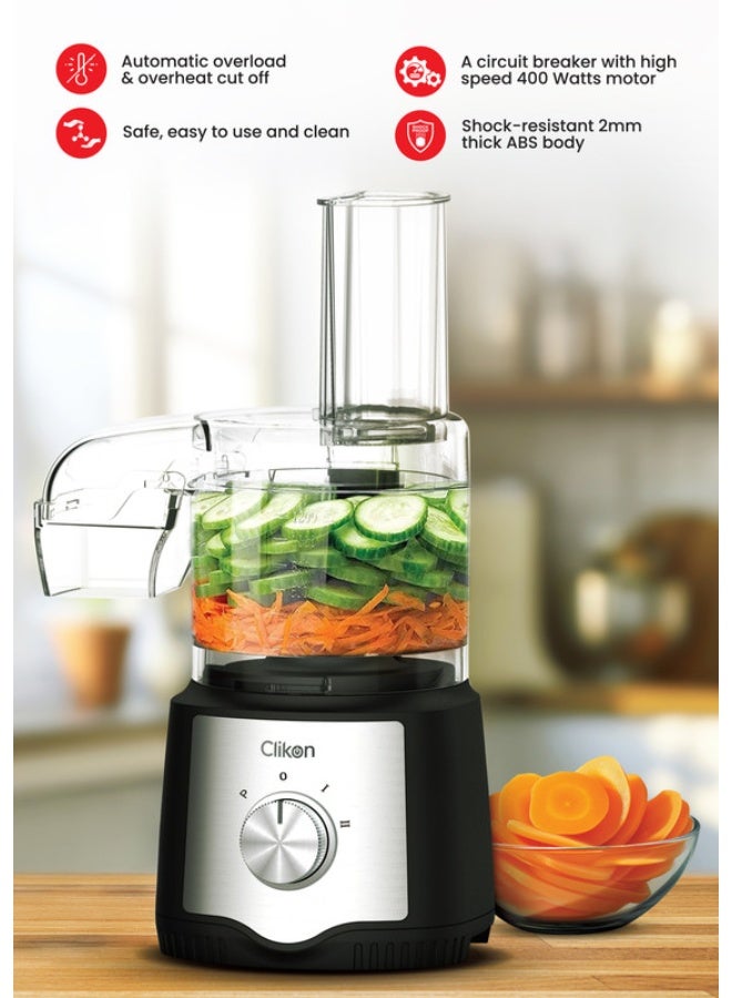 Clikon Multifunctional Food Processor 400W | 3L Bowl, Duo Feed Tube, 2-Speed + Pulse | Chopper, Grinder, Ice Crusher & Shredder 0.5 L 400 W CK1202 Black and Silver 0.5 L 400 W CK1202 Black and Silver - Image 2