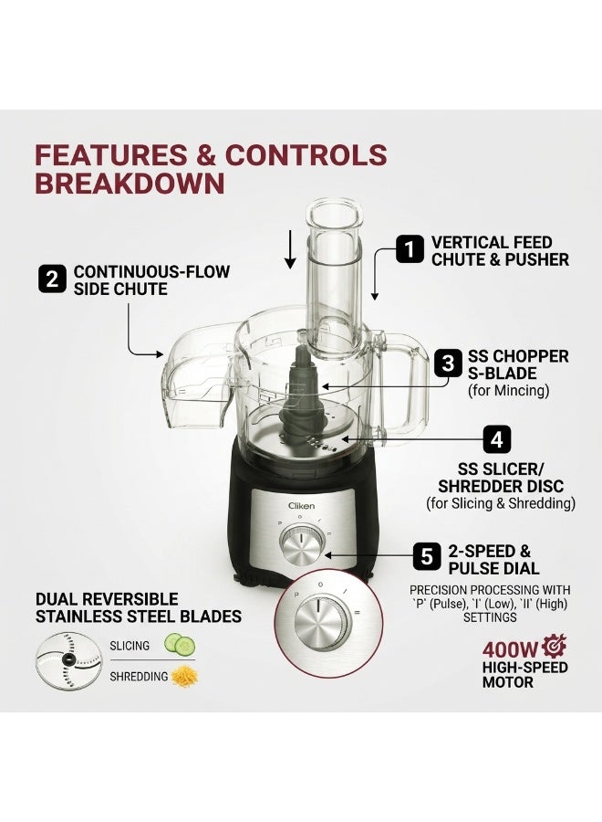 Clikon Multifunctional Food Processor | 400W Power | Convenient Food Preparation | Practical Kitchen Appliance | 2-Year Warranty | CK1202 | Stainless Steel and Black 0.5 L 400 W CK1202 Black and Silver - Image 2