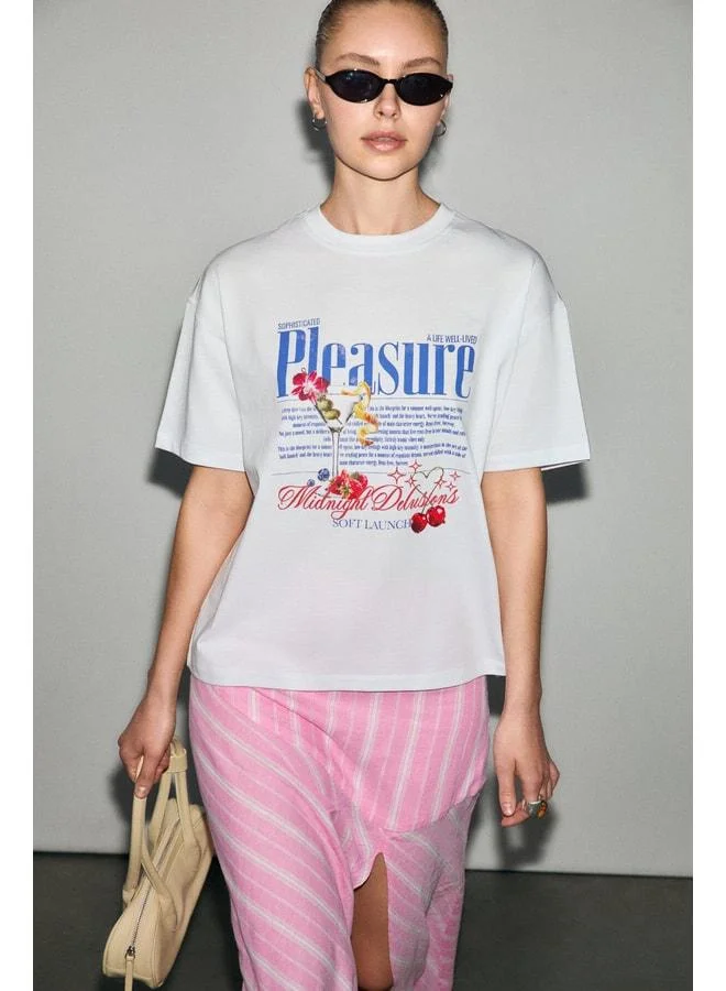 GRIMELANGE PERSOY Women's Soft and 100% Organic Cotton Detailed Print White T-Shirt.