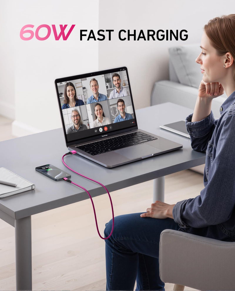 ohbox USB C Cable 60W Fast Charging [2 Pack 3FT], USB A to USB C Cable for CarPlay, USB to Type C iPhone Charger Durable Braided USBC Cord for iPhone 17/16/15/Pro Max, Samsung Galaxy S23 and More-Rose Red - Image 4