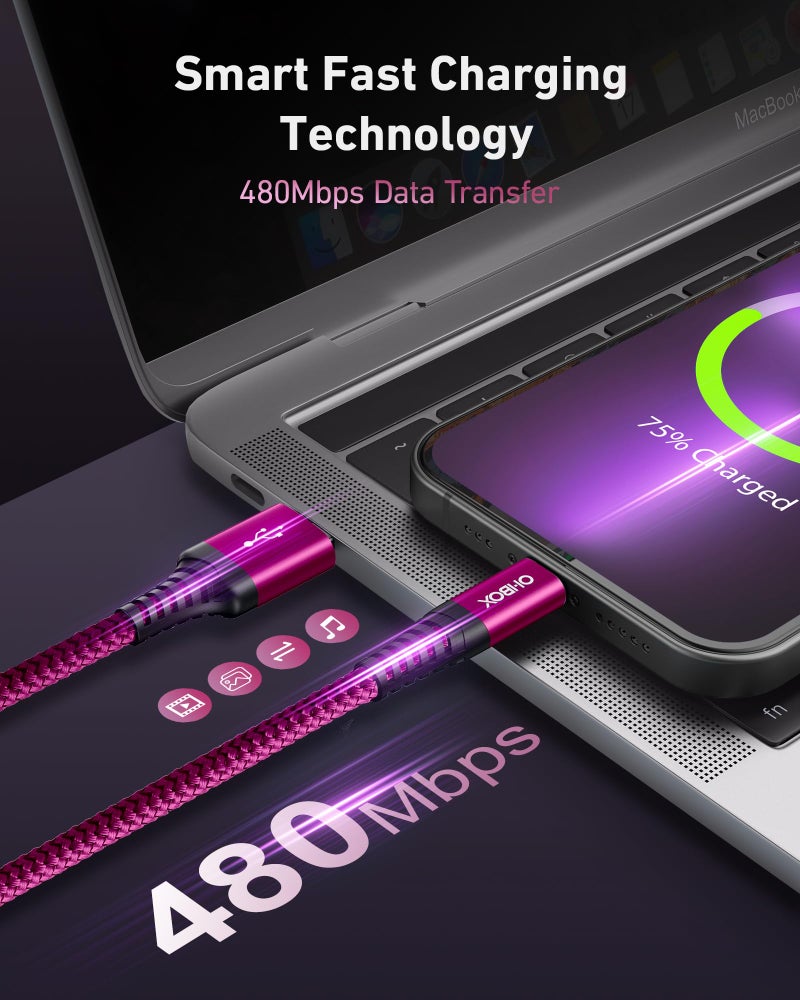 ohbox USB C Cable 60W Fast Charging [2 Pack 3FT], USB A to USB C Cable for CarPlay, USB to Type C iPhone Charger Durable Braided USBC Cord for iPhone 17/16/15/Pro Max, Samsung Galaxy S23 and More-Rose Red - Image 3