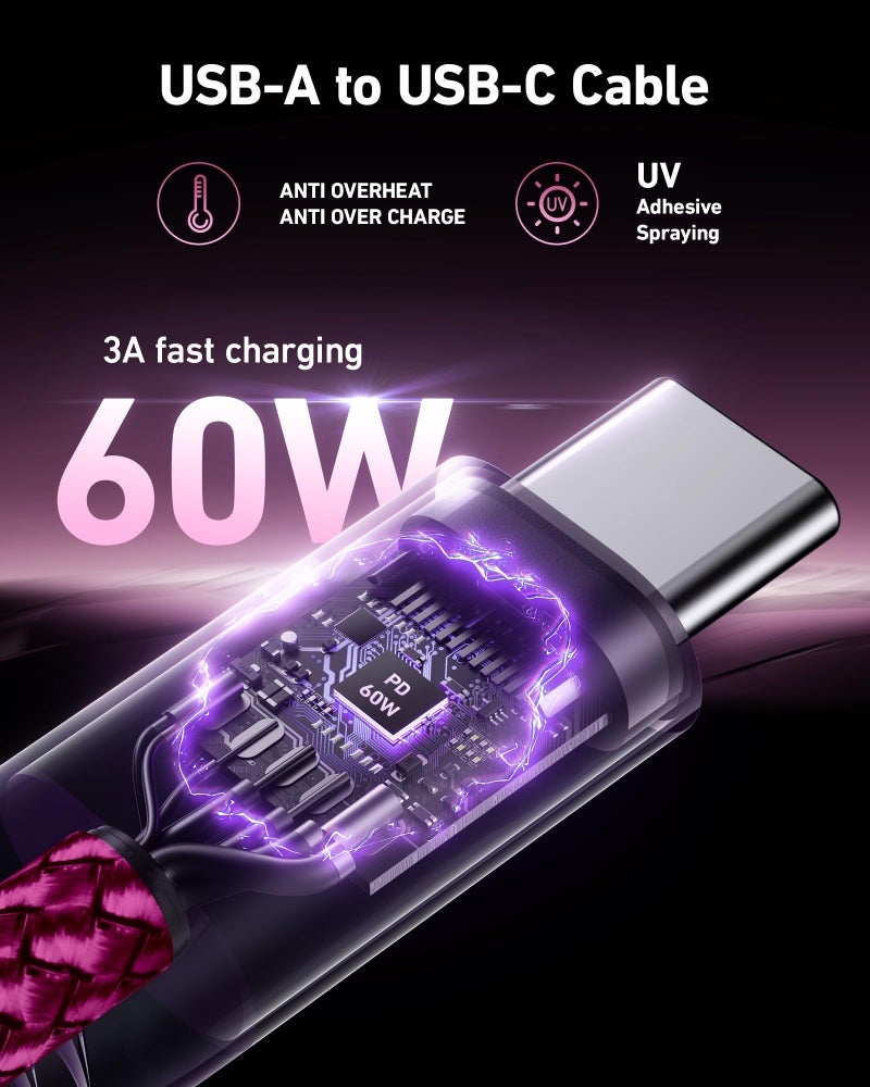 ohbox USB C Cable 60W Fast Charging [2 Pack 3FT], USB A to USB C Cable for CarPlay, USB to Type C iPhone Charger Durable Braided USBC Cord for iPhone 17/16/15/Pro Max, Samsung Galaxy S23 and More-Rose Red - Image 2