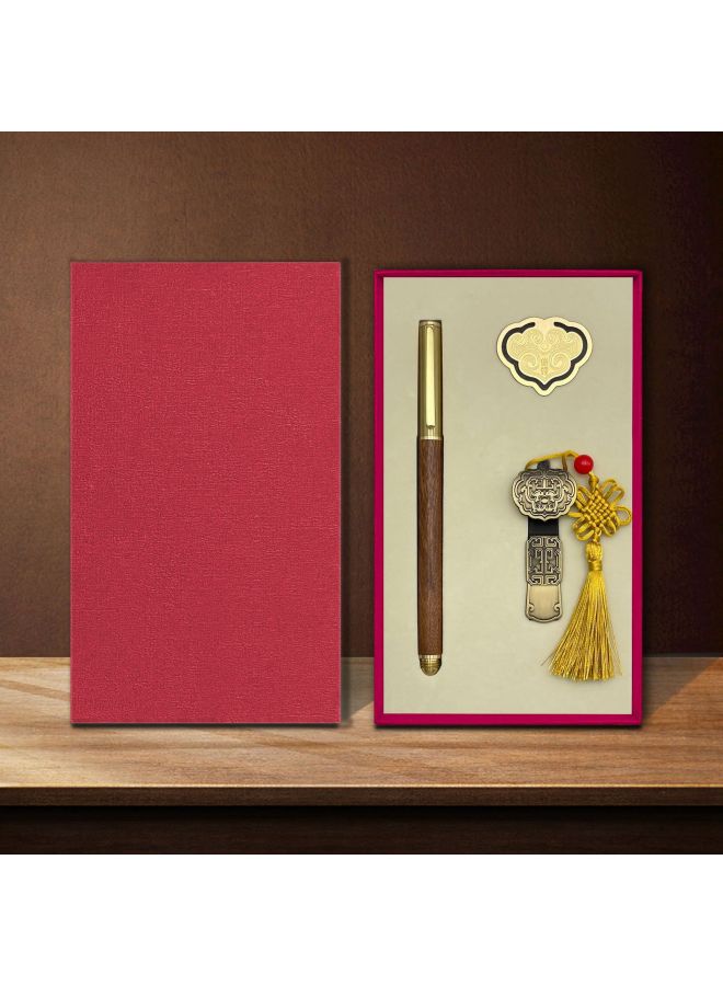 Ruyi U Disk 16g Suit Custom Logo Brass Hollow Ploughing Bookmark Sandalwood Sign Pen School Corporate Gifts-Color:(ruyi U Disk + Pen + Book Clip) Red Gift Box-Capacity:USB3.0/128GB  - Image 1