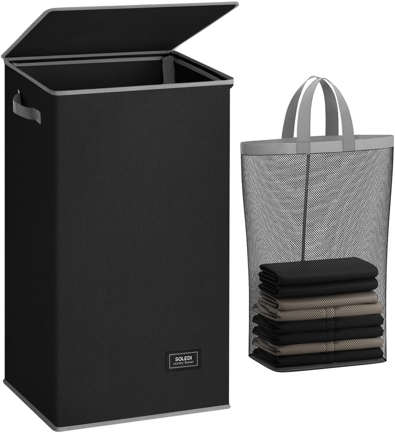 SOLEDI Laundry Hamper Black with Lid and Removable Bag - 100L Large and Tall Laundry Basket Collapsible with Handle for Clothing and Toys Storage - Dirty Clothes Hamper for Bedroom, bathroom, dorm - Image 1