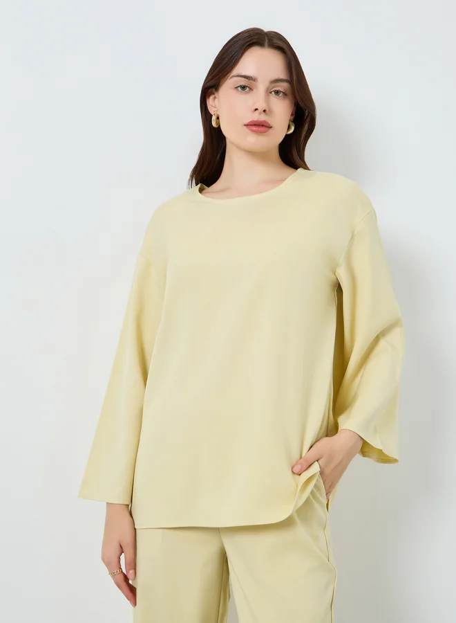 ستايلي Solid Woven Long Sleeve Top and Wide Leg Pants Set