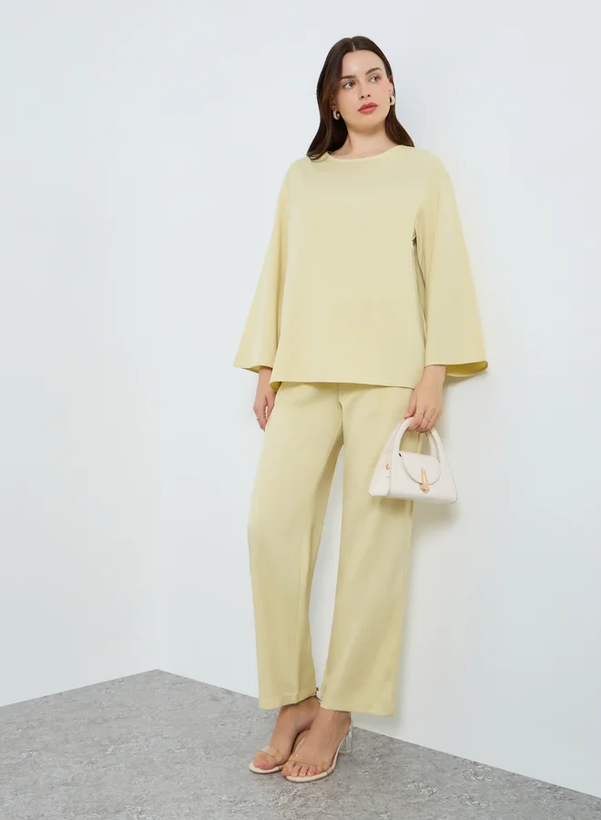 ستايلي Solid Woven Long Sleeve Top and Wide Leg Pants Set