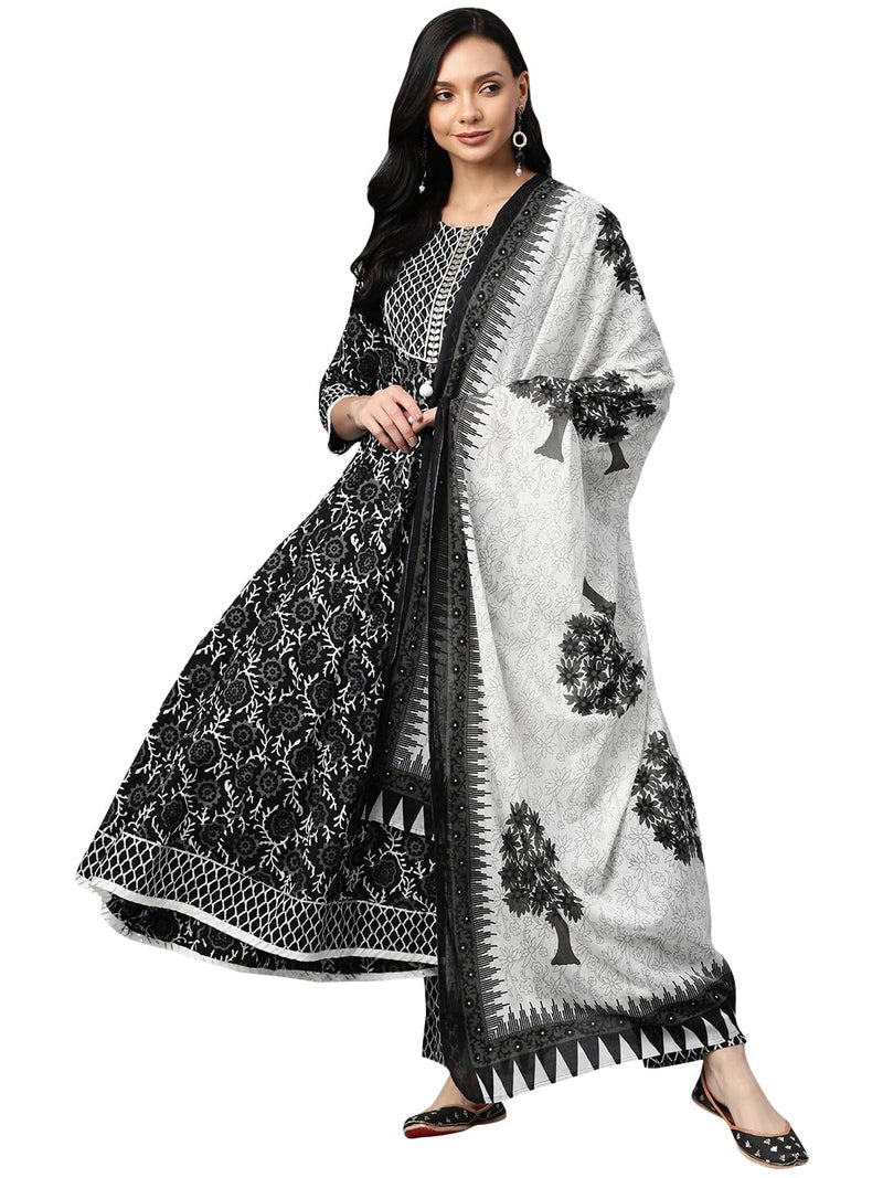 Vaamsi Women's Floral Printed Anarkali Kurta Set with Dupatta (VKSKD1181_Black_S) - Image 1