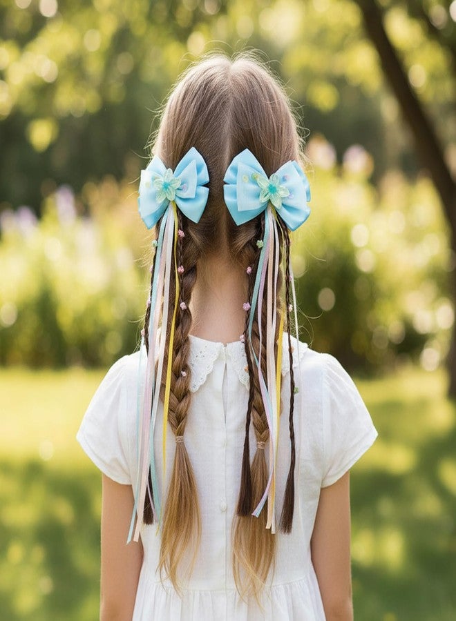 KARP - 4 Pcs (2 Sets) Satin Bow Hair Clips for Girls | Fancy Hairpins with Long Colorful Ribbons & Flower Charms | Cute Hair Accessories for Kids | Best for Party, Event & Gift | Multi-Color - (K2528 Style-3) - Image 5