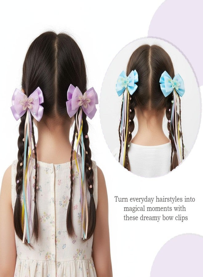 KARP - 4 Pcs (2 Sets) Satin Bow Hair Clips for Girls | Fancy Hairpins with Long Colorful Ribbons & Flower Charms | Cute Hair Accessories for Kids | Best for Party, Event & Gift | Multi-Color - (K2528 Style-3) - Image 4