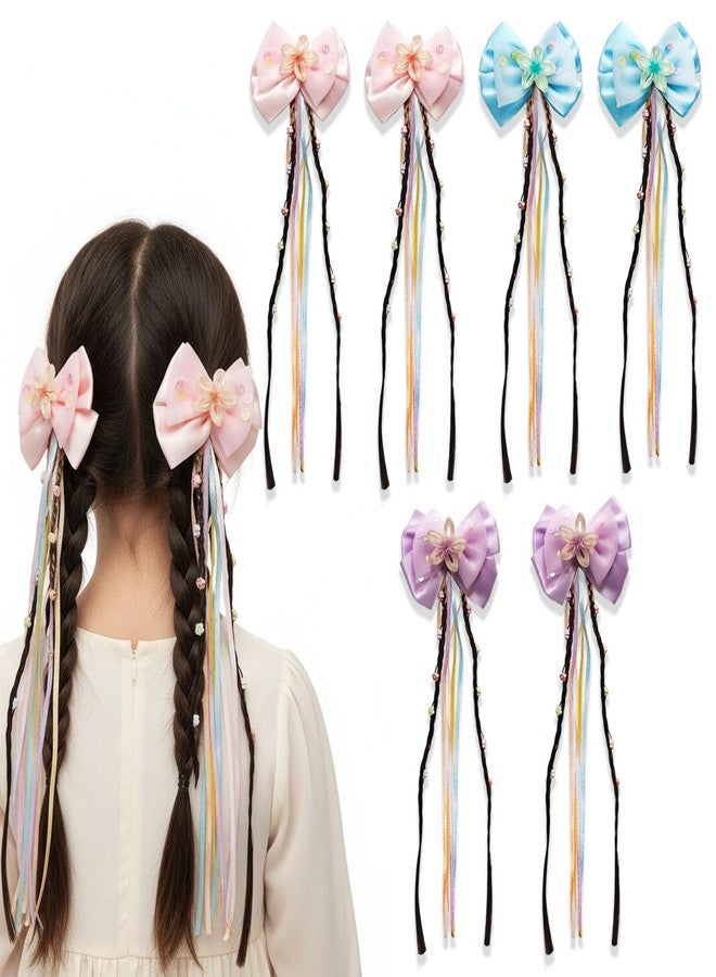KARP - 4 Pcs (2 Sets) Satin Bow Hair Clips for Girls | Fancy Hairpins with Long Colorful Ribbons & Flower Charms | Cute Hair Accessories for Kids | Best for Party, Event & Gift | Multi-Color - (K2528 Style-3) - Image 2