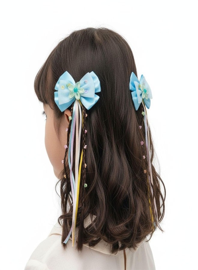 KARP - 4 Pcs (2 Sets) Satin Bow Hair Clips for Girls | Fancy Hairpins with Long Colorful Ribbons & Flower Charms | Cute Hair Accessories for Kids | Best for Party, Event & Gift | Multi-Color - (K2528 Style-3) - Image 3