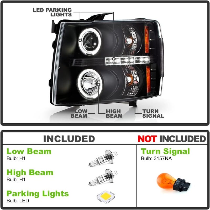 ACANII Black LED Halo Projector Headlights for 2007-2013 Chevy Silverado 1500 2500 3500 - Image 2