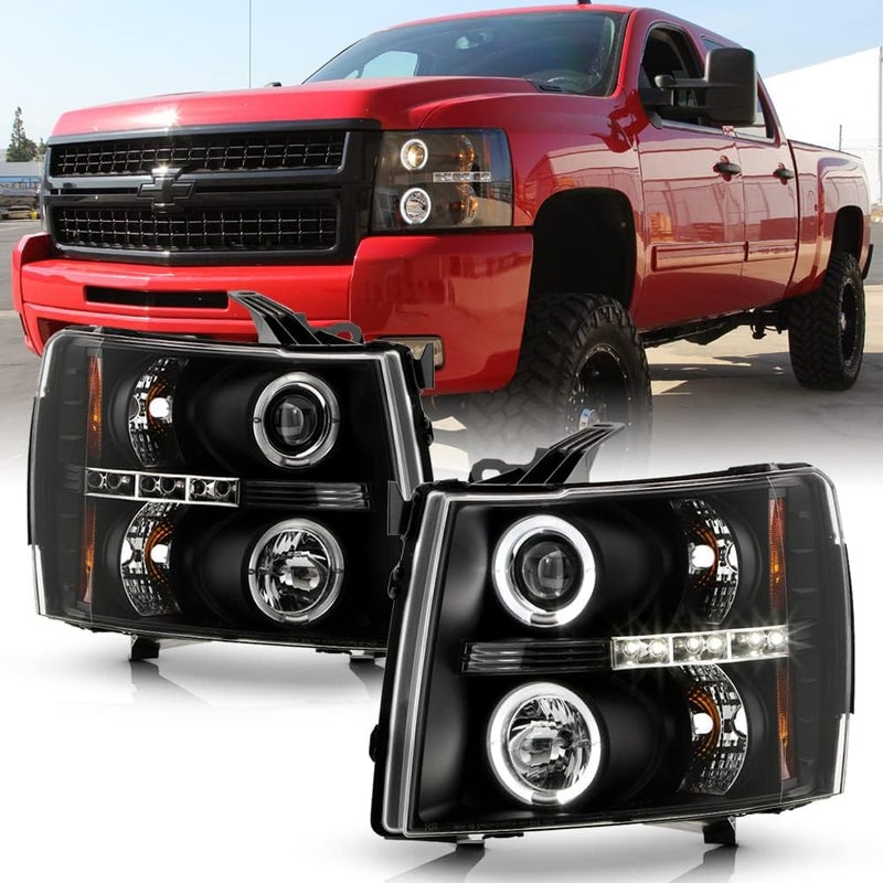 ACANII Black LED Halo Projector Headlights for 2007-2013 Chevy Silverado 1500 2500 3500 - Image 1