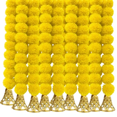 DRYPHON Marigold Garlands Decoration with Bell, Artificial Flowers for Decorations Hanging Garlands for Home Decorations, Ganpati Decoration/Diwali Decoration for Home Decor- (Yellow, Pack of 10) - Image 1