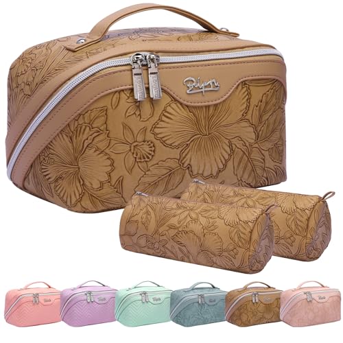 BOYATU Travel Makeup Bags Cosmetic Organizer Bag: 3-Set Large Capacity Make up Bag - PU Leather Toiletry Bags for Women - Wide Open Portable Pouch with Divider & Handle (01-Z-Brown) - Image 1
