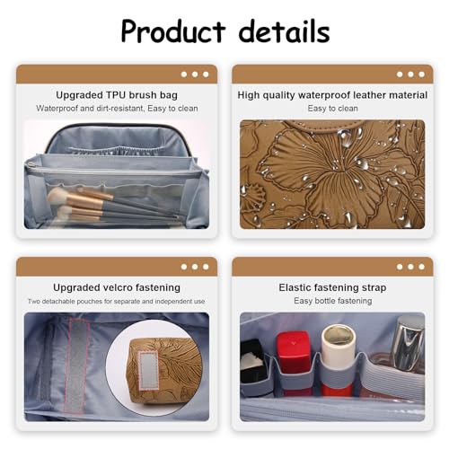 BOYATU Travel Makeup Bags Cosmetic Organizer Bag: 3-Set Large Capacity Make up Bag - PU Leather Toiletry Bags for Women - Wide Open Portable Pouch with Divider & Handle (01-Z-Brown) - Image 3