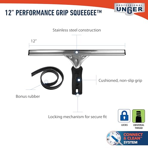 Unger Professional Connect and Clean 12” Performance Squeegee for Glass and Window Care with Replacement Rubber, Heavy Duty Cleaning Supplies with Streak-Free Results, Handheld Household Cleaner Tool - Image 2