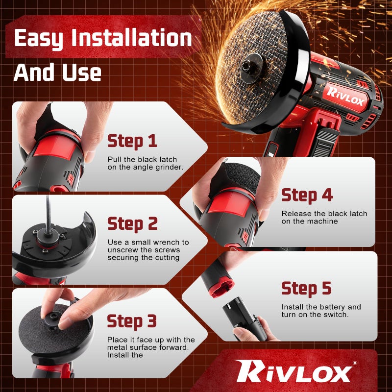 Rivlox Cordless Angle Grinder Kit, 3-inch Mini Angle Grinder Tool with 2Pcs 12V 1500mAh Batteries & Charger and 5Pcs Cutting Discs, Handheld Metal Grinders for Cutting Metal Wood - Image 4