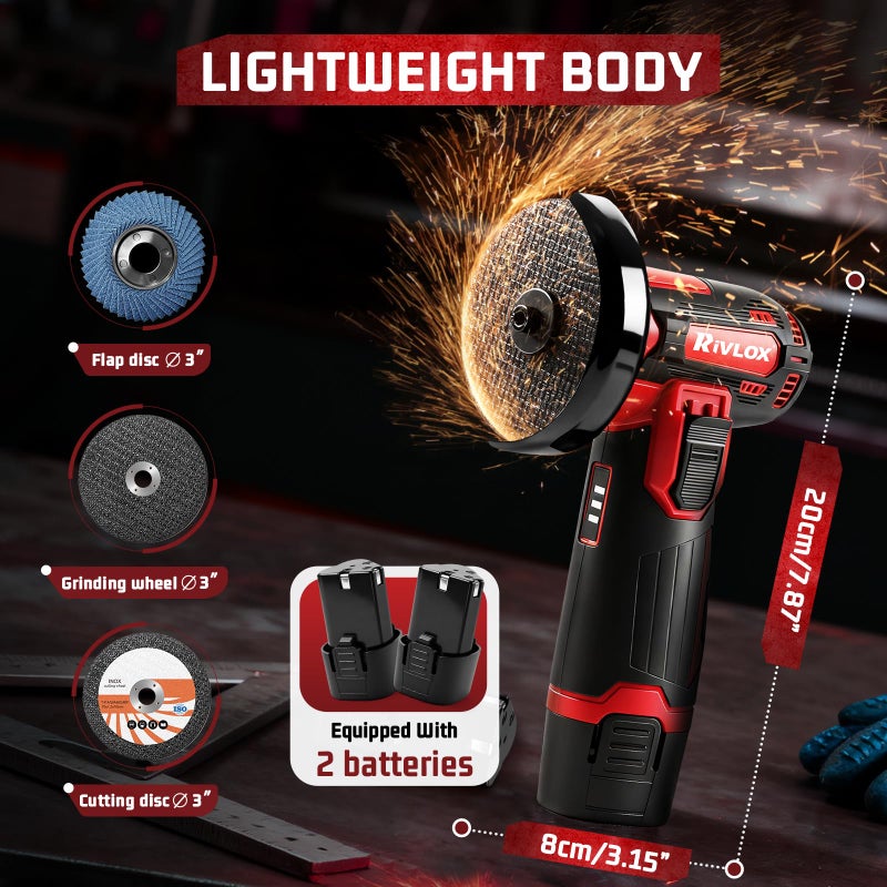 Rivlox Cordless Angle Grinder Kit, 3-inch Mini Angle Grinder Tool with 2Pcs 12V 1500mAh Batteries & Charger and 5Pcs Cutting Discs, Handheld Metal Grinders for Cutting Metal Wood - Image 2