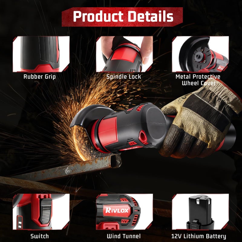 Rivlox Cordless Angle Grinder Kit, 3-inch Mini Angle Grinder Tool with 2Pcs 12V 1500mAh Batteries & Charger and 5Pcs Cutting Discs, Handheld Metal Grinders for Cutting Metal Wood - Image 3