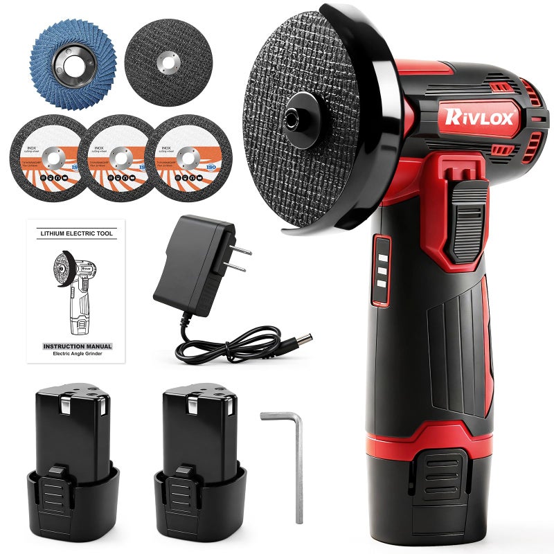 Rivlox Cordless Angle Grinder Kit, 3-inch Mini Angle Grinder Tool with 2Pcs 12V 1500mAh Batteries & Charger and 5Pcs Cutting Discs, Handheld Metal Grinders for Cutting Metal Wood - Image 1