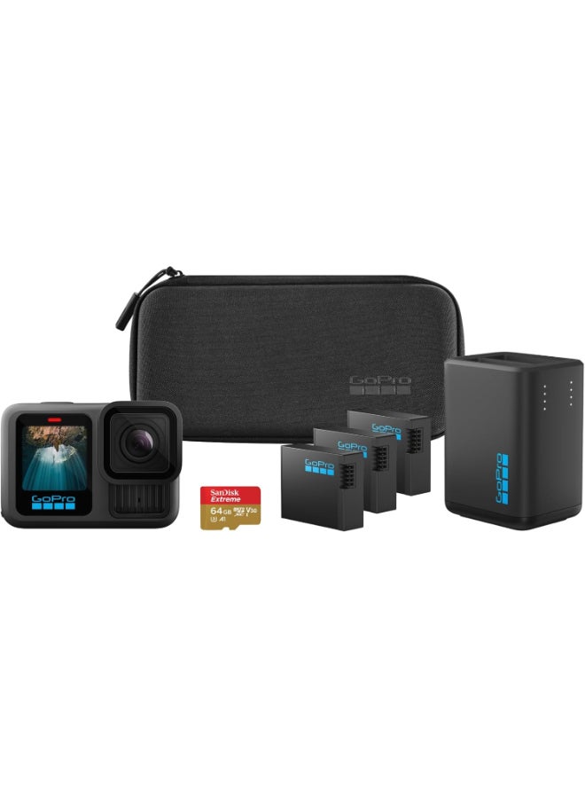 جو برو حزمة الطاقة الممتدة HERO13 Black - تشمل شاحن بطارية مزدوج، 3 بطاريات Enduro، بطاقة microSD سعة 64 جيجابايت، حامل لاصق منحني، وحقيبة كاميرا - مع ضمان رسمي من GoPro الإمارات - Image 1