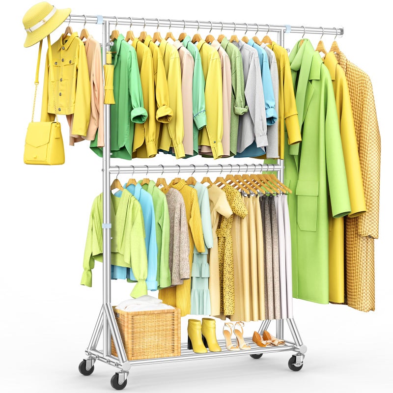 FYBEE Heavy Duty Double Rods Clothes Rack Load 860LBS, Adjustable Portable Clothing Racks for Hanging Clothes, Rolling Garment Rack With Wheels Shelf, Sturdy Freestanding Closet Rack, 100% Stainless Steel - Image 4