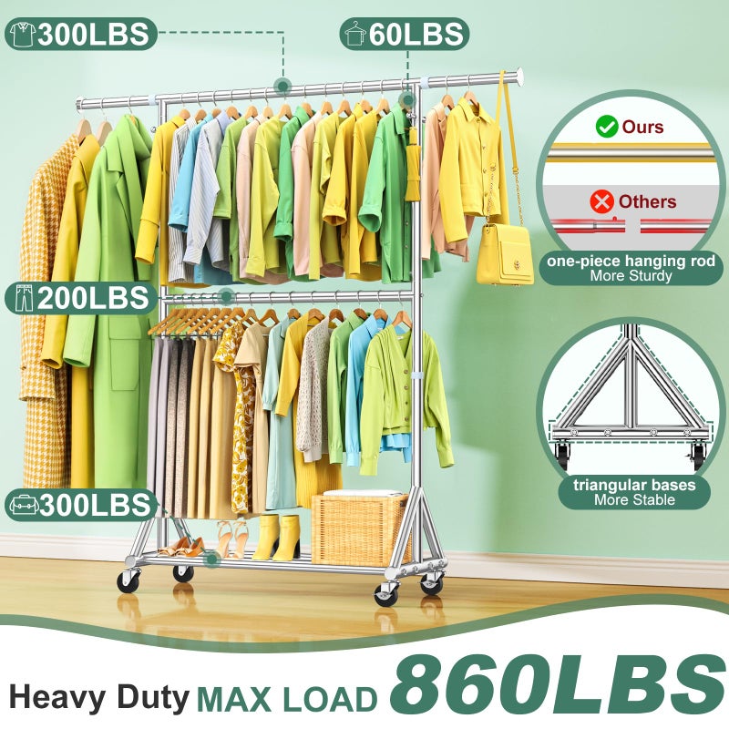 FYBEE Heavy Duty Double Rods Clothes Rack Load 860LBS, Adjustable Portable Clothing Racks for Hanging Clothes, Rolling Garment Rack With Wheels Shelf, Sturdy Freestanding Closet Rack, 100% Stainless Steel - Image 5