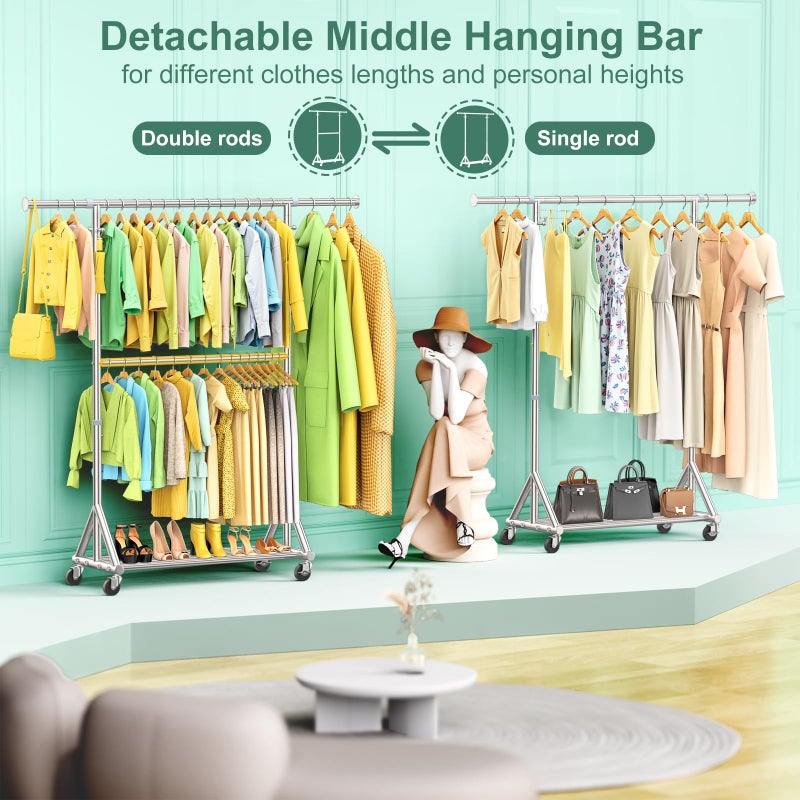 FYBEE Heavy Duty Double Rods Clothes Rack Load 860LBS, Adjustable Portable Clothing Racks for Hanging Clothes, Rolling Garment Rack With Wheels Shelf, Sturdy Freestanding Closet Rack, 100% Stainless Steel - Image 2