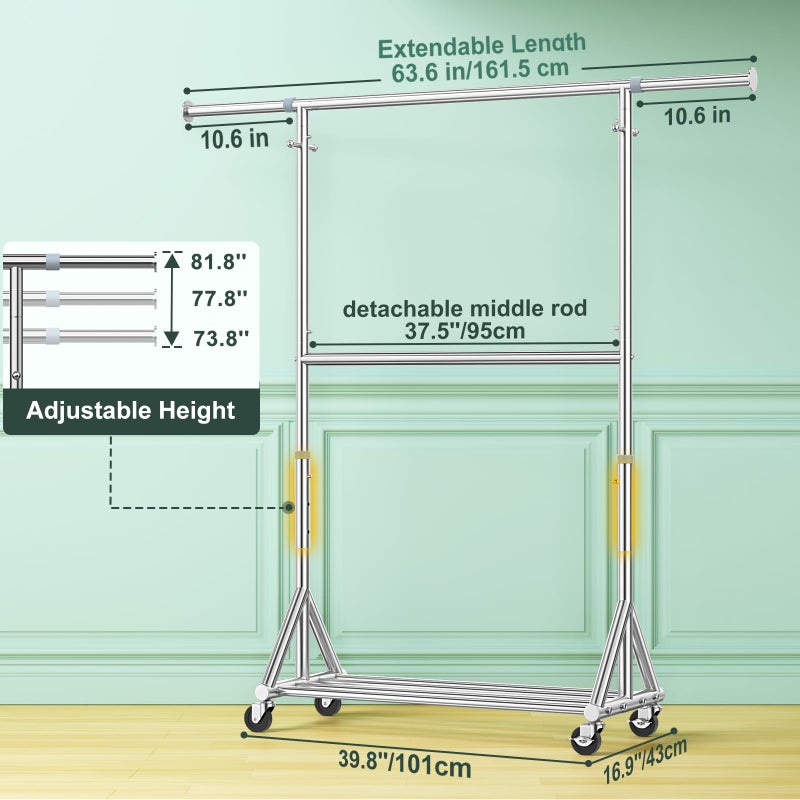 FYBEE Heavy Duty Double Rods Clothes Rack Load 860LBS, Adjustable Portable Clothing Racks for Hanging Clothes, Rolling Garment Rack With Wheels Shelf, Sturdy Freestanding Closet Rack, 100% Stainless Steel - Image 3