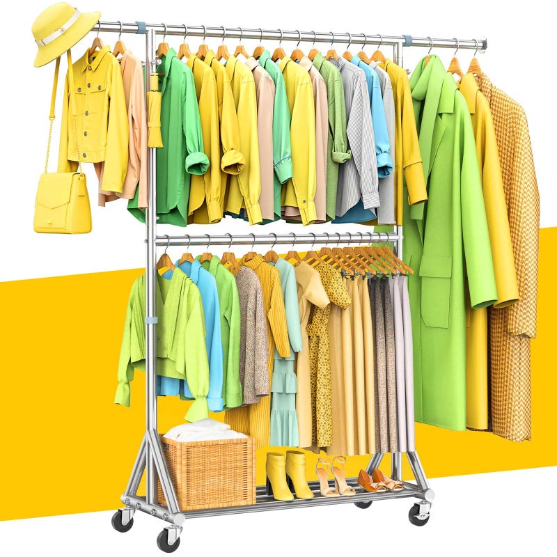 FYBEE Heavy Duty Double Rods Clothes Rack Load 860LBS, Adjustable Portable Clothing Racks for Hanging Clothes, Rolling Garment Rack With Wheels Shelf, Sturdy Freestanding Closet Rack, 100% Stainless Steel - Image 1