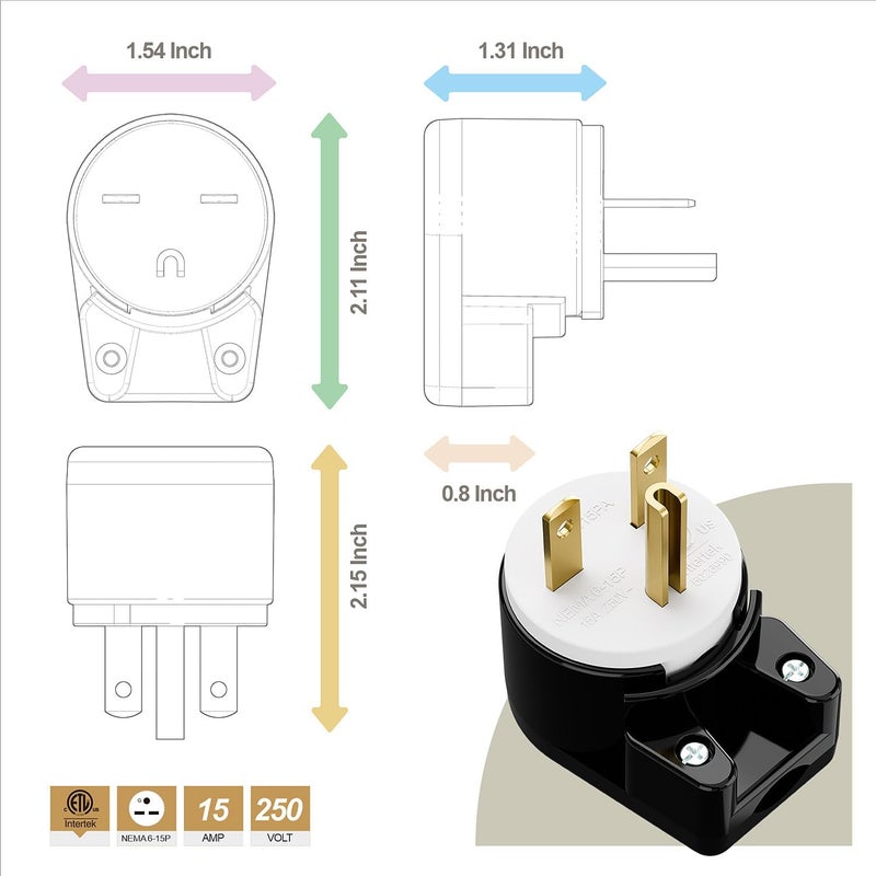 acbroad USA 3-Prong Male AC Plug, Right Angle UL Nema 6-15P 3 Pole DIY Rewirable Plug, 15A 250V USA 3Pin AC Connector, 12 Direction Rotatable Plug - Image 3