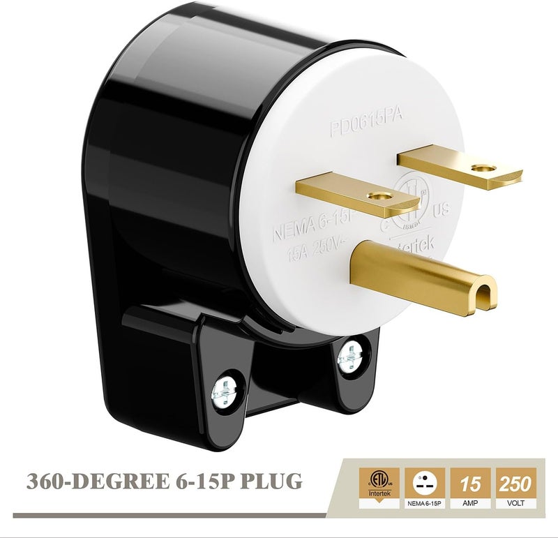 acbroad USA 3-Prong Male AC Plug, Right Angle UL Nema 6-15P 3 Pole DIY Rewirable Plug, 15A 250V USA 3Pin AC Connector, 12 Direction Rotatable Plug - Image 2