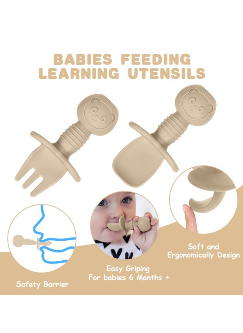 Bebiland - 4PCS Baby Fork and Spoon Set, Silicone Self Feeding Utensil, Easy Grip Toddler Cutlery Kit, Baby Weaning and Feeding Spoons (Brown/Grey) - Image 1