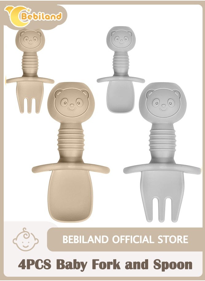 Bebiland - 4PCS Baby Fork and Spoon Set, Silicone Self Feeding Utensil, Easy Grip Toddler Cutlery Kit, Baby Weaning and Feeding Spoons (Brown/Grey) - Image 1