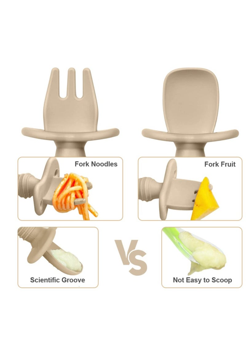 Bebiland - 4PCS Baby Fork and Spoon Set, Silicone Self Feeding Utensil, Easy Grip Toddler Cutlery Kit, Baby Weaning and Feeding Spoons (Brown/Grey) - Image 1