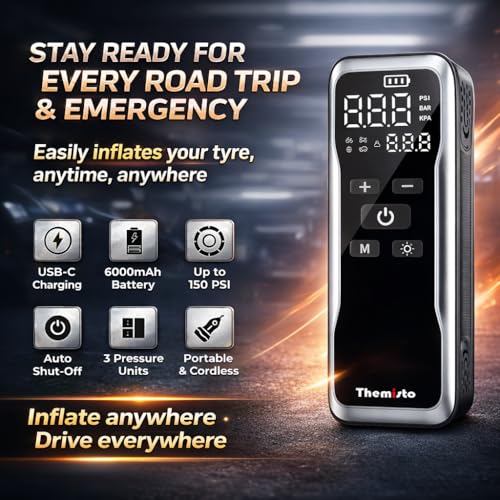 Themisto TH-TY02 Cordless Tyre Inflator 150 PSI, Dual Mode (6000mAh Battery & 12V Port), Pressure Gauge & LED SOS Flashlight I Portable Air Compressor I Car, Motorcycle, Bicycles & Other Inflatables - Image 2