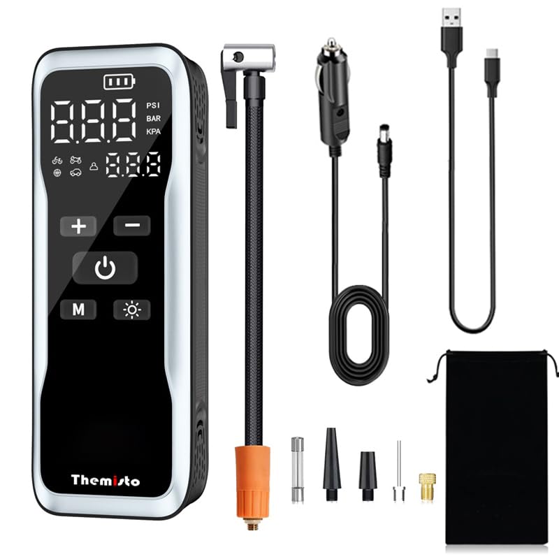 Themisto TH-TY02 Cordless Tyre Inflator 150 PSI, Dual Mode (6000mAh Battery & 12V Port), Pressure Gauge & LED SOS Flashlight I Portable Air Compressor I Car, Motorcycle, Bicycles & Other Inflatables - Image 1